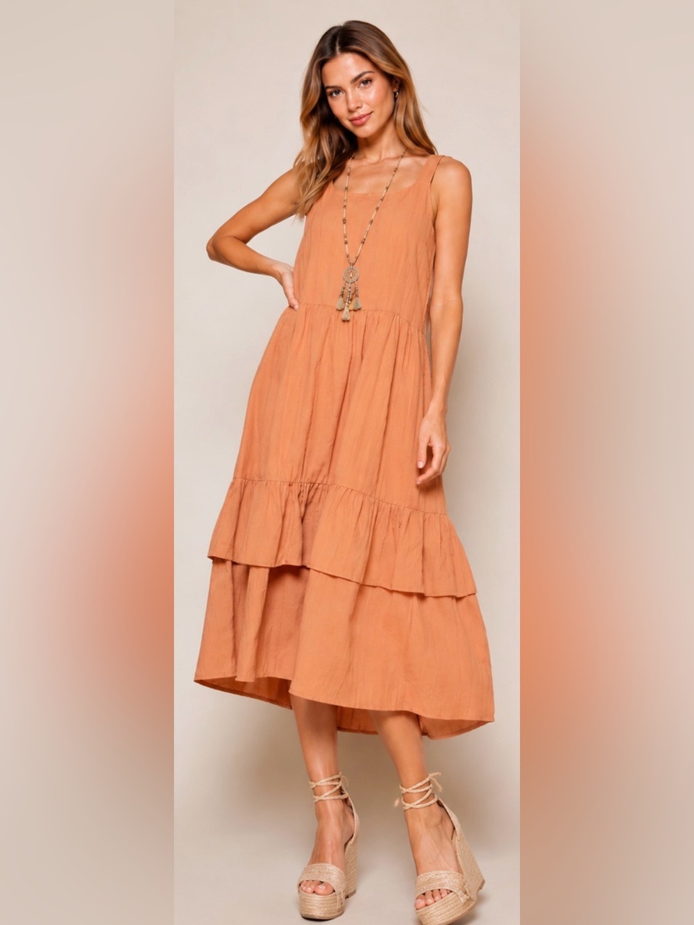 ⭐️Monique Rust/Orange Sleeveless Double Ruffle Dress - Picture 2 of 5